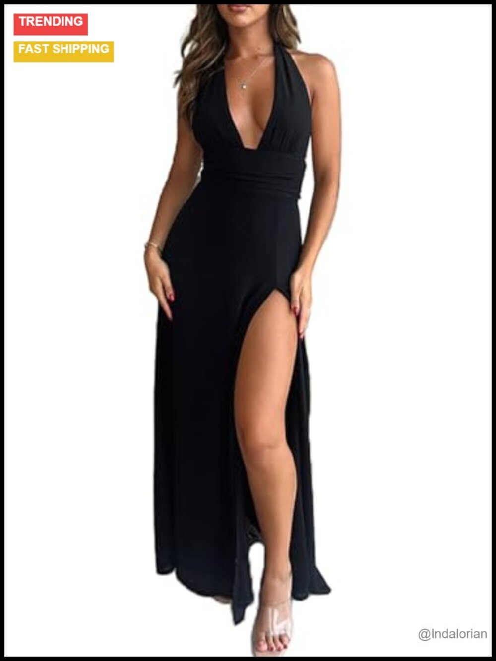 Womens Sexy Halter Deep V Neck High Side Split Long Maxi Dress
